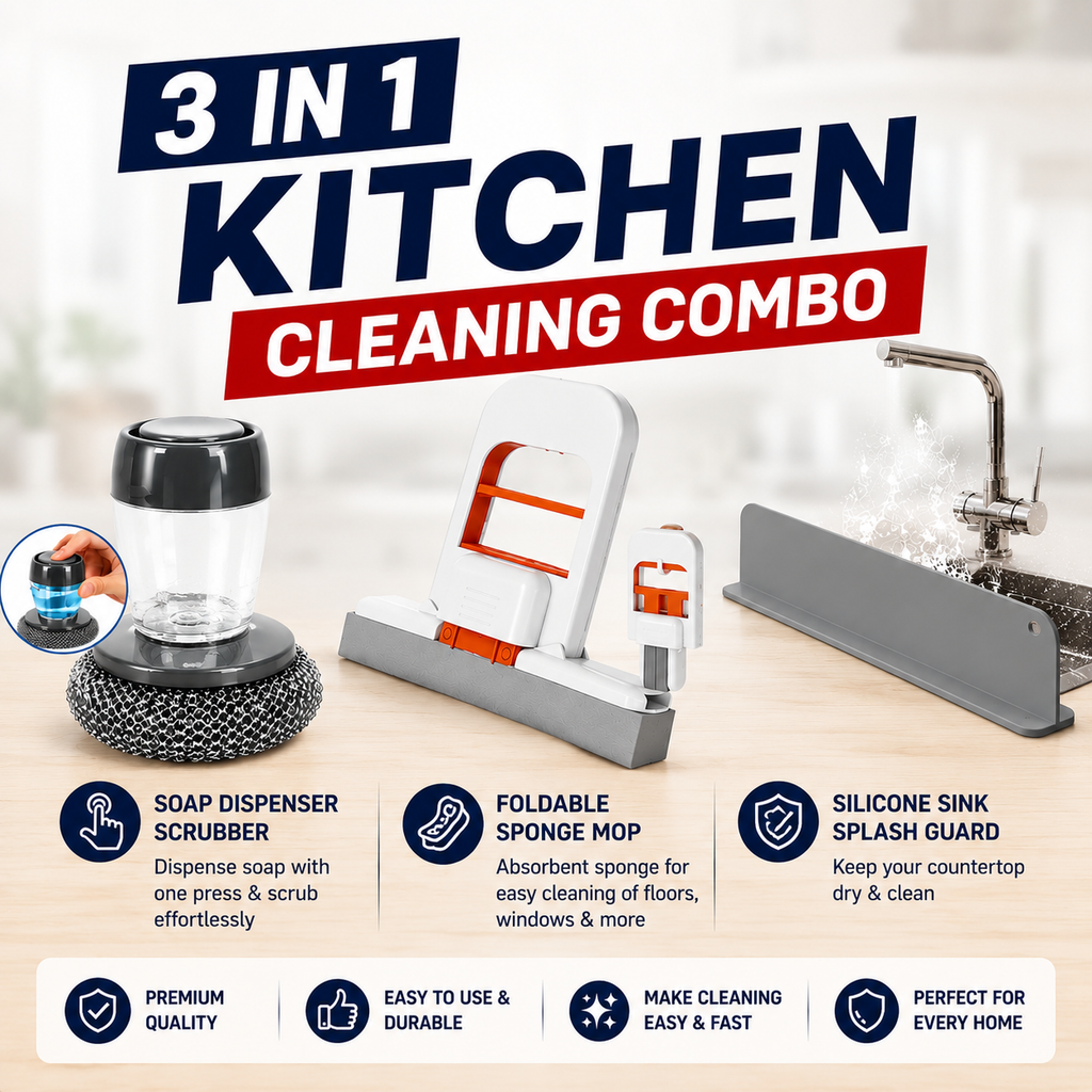 3-in-1 Kitchen Cleaning Combo | Soap Dispenser Scrubber, Sponge Mop & Sink Splash Guard