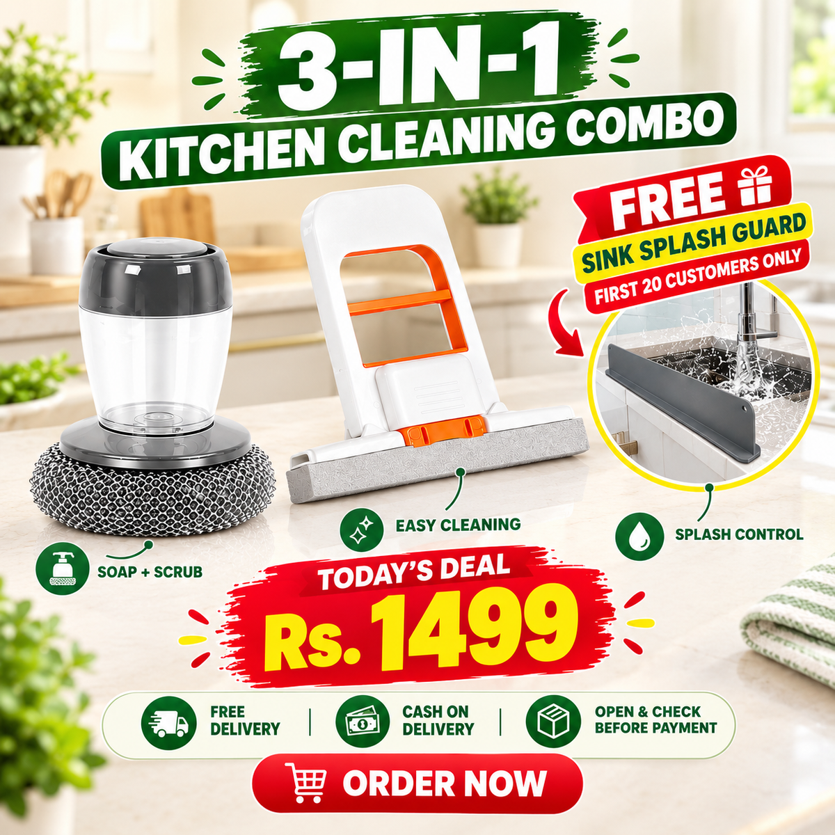 3-in-1 Kitchen Cleaning Combo — Get FREE Sink Splash Guard