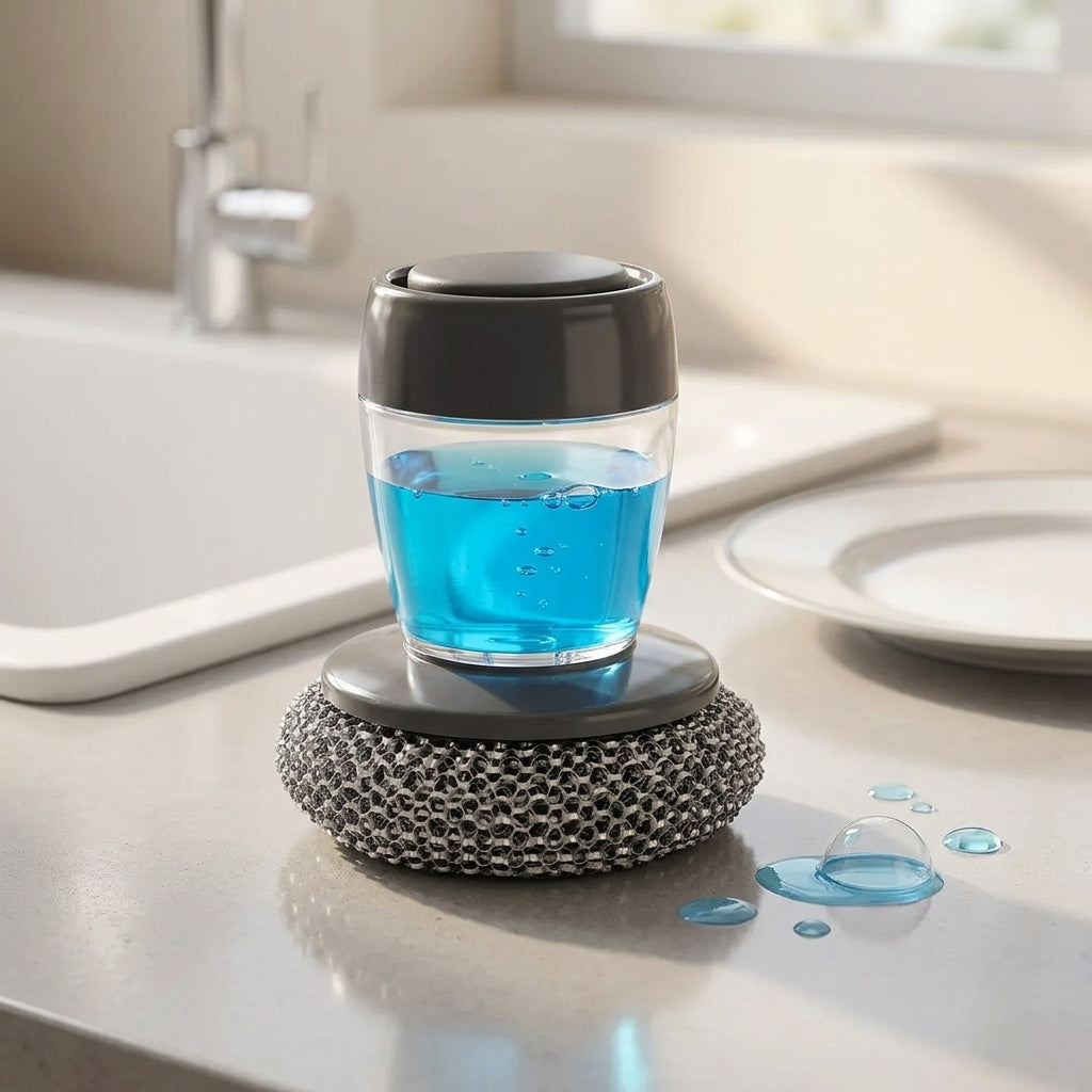 2-in-1 Kitchen Dish Scrubber with Soap Dispenser | Refillable Palm Cleaning Brush for Pots, Pans & Sinks