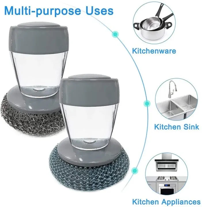 2-in-1 Kitchen Dish Scrubber with Soap Dispenser | Refillable Palm Cleaning Brush for Pots, Pans & Sinks