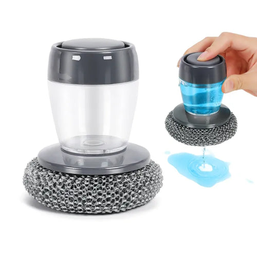 2-in-1 Kitchen Dish Scrubber with Soap Dispenser | Refillable Palm Cleaning Brush for Pots, Pans & Sinks