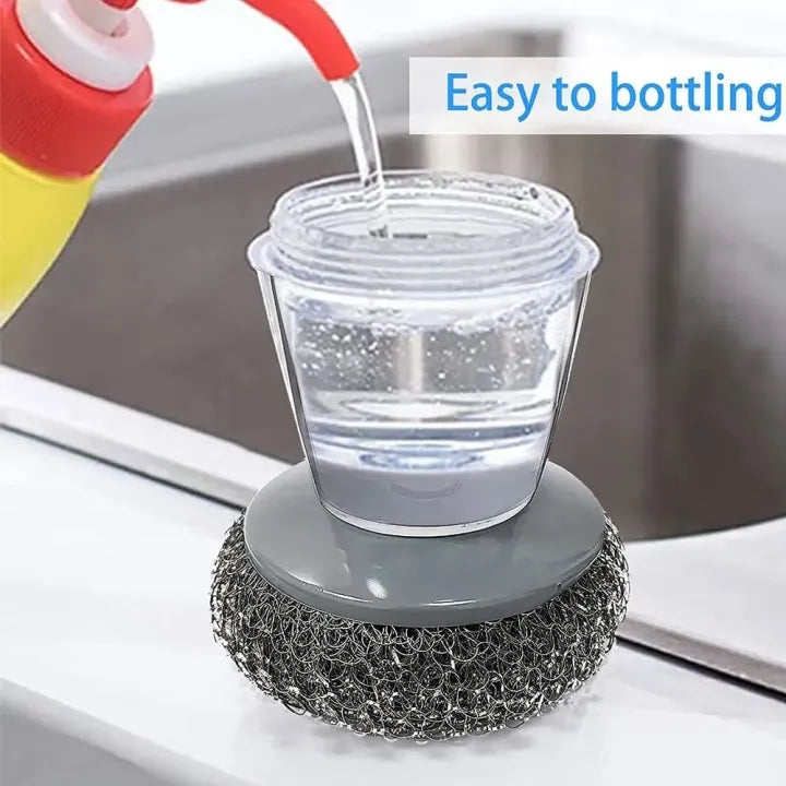 2-in-1 Kitchen Dish Scrubber with Soap Dispenser | Refillable Palm Cleaning Brush for Pots, Pans & Sinks