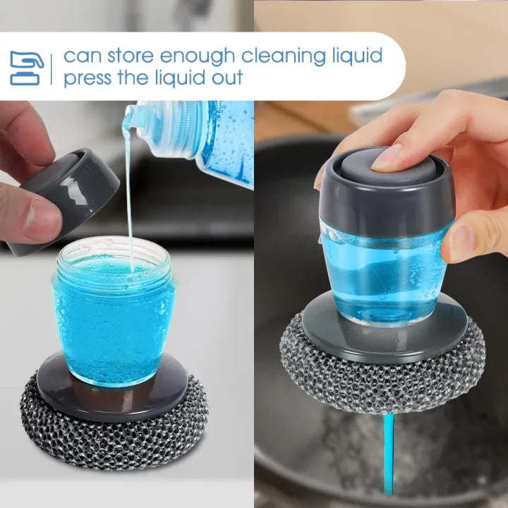 2-in-1 Kitchen Dish Scrubber with Soap Dispenser | Refillable Palm Cleaning Brush for Pots, Pans & Sinks