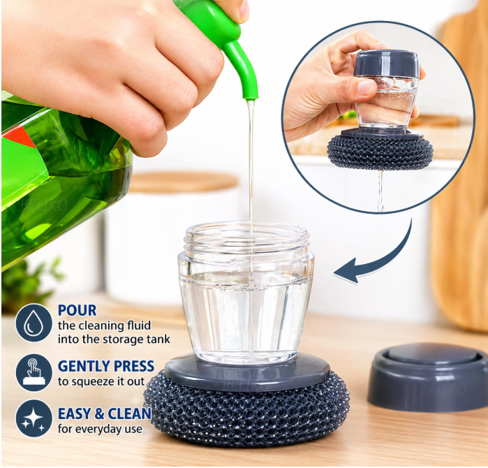 2-in-1 Kitchen Dish Scrubber with Soap Dispenser | Refillable Palm Cleaning Brush for Pots, Pans & Sinks