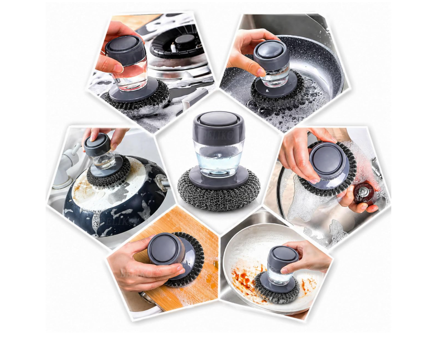2-in-1 Kitchen Dish Scrubber with Soap Dispenser | Refillable Palm Cleaning Brush for Pots, Pans & Sinks